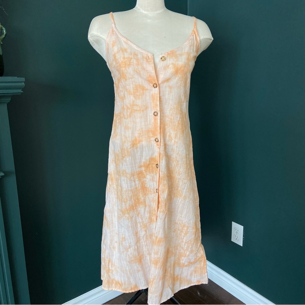 Roxy 100% Cotton Orange and White Tie-Dye Button-Down Dress Size Small